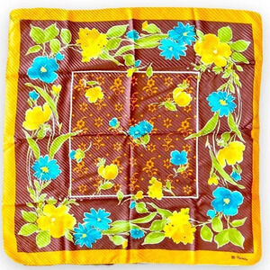 Renato Balestra Vintage Large Silk Scarf‎ Square Floral Pleated Italy Brown Blue